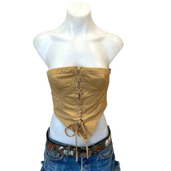 Superdown Beige Lace Up Bustier Top MEDIUM Strapless Steampunk Fairy Ashlyn NEW - Picture 4 of 8